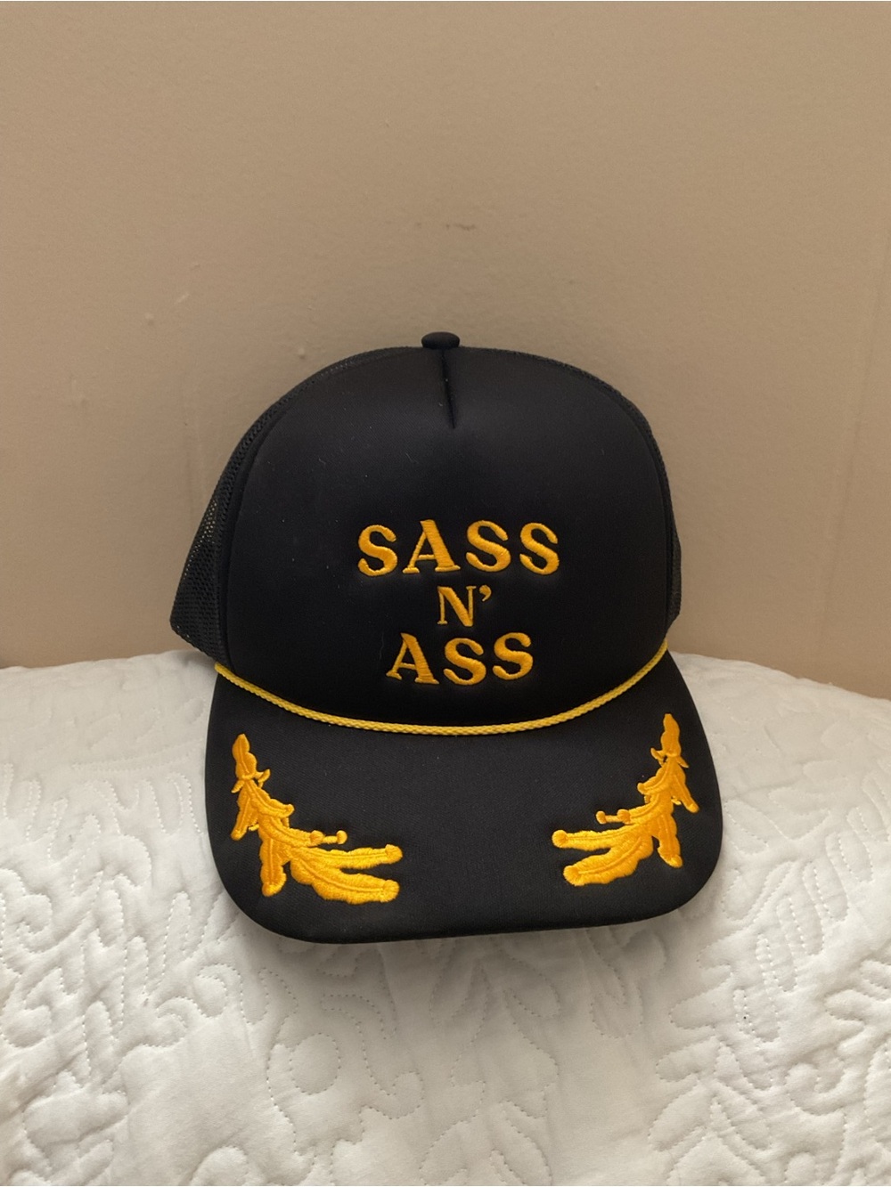 Black and Gold 'Sass N' Ass' Embroidered Trucker Hat